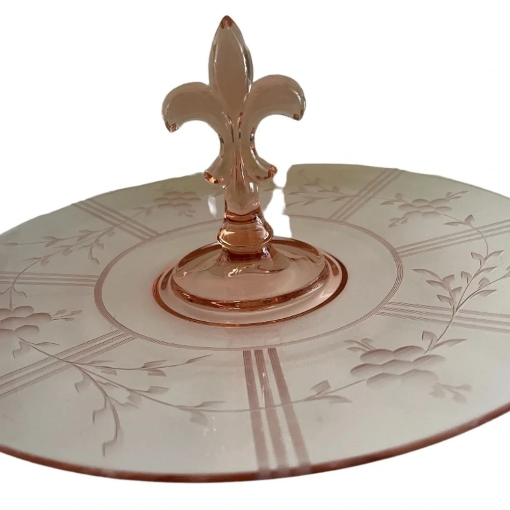 Vtg Pink Etched Depression Glass Serving Dish with Fleur-de-lis Handle